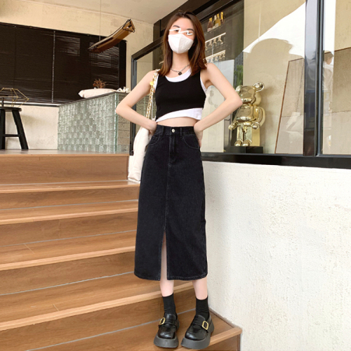 2024 Autumn High Waist Slit Denim Skirt Women's Mid-Length Crotch Covering A-Line Small Large Size Hip Covering Skirt
