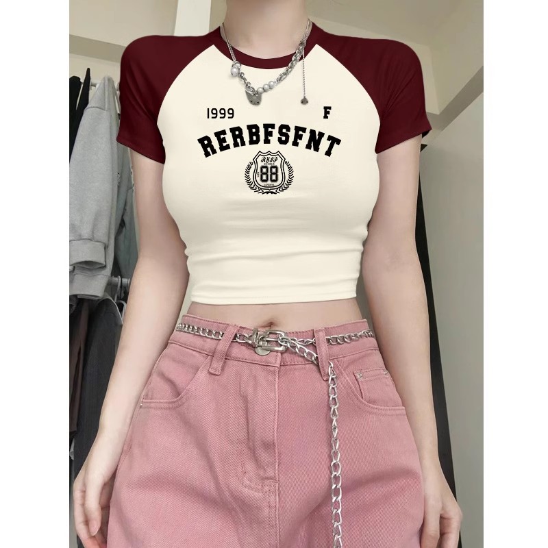 Pure cotton 210g 40 count Odell with elastic live broadcast quality front printed color block short-sleeved T-shirt for women