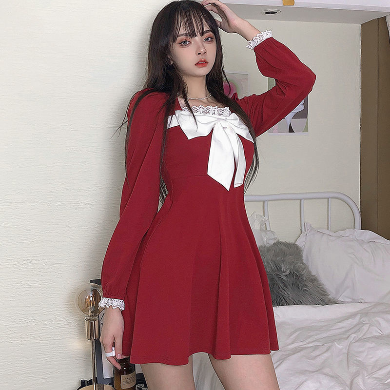 Sweet college style bow dress for women with lace stitching princess sleeves high waist slim fit A-line skirt