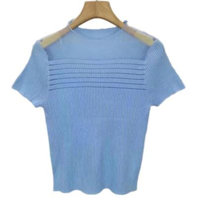 Summer new design energetic girly organza slightly see-through stitching fashionable short-sleeved top for women
