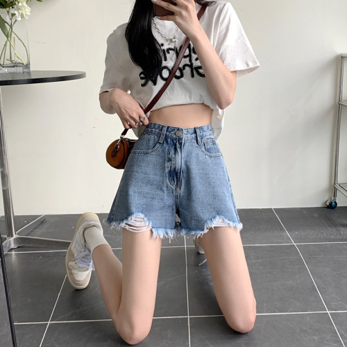 ins trendy denim shorts for women thin summer fat mm plus size fashion high waist casual raw edge wide leg a line hot pants