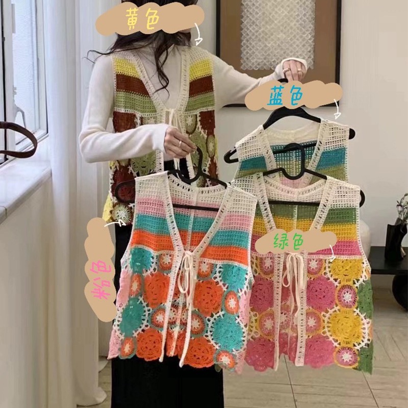 Real shot of lace-up cardigan crocheted knitted vest for women autumn new style retro lazy style sleeveless V-neck knitted top