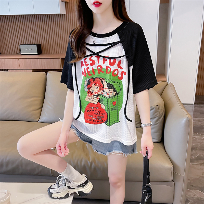 Actual shot of summer Korean style loose back collar waffle cartoon print large size short T-shirt for women