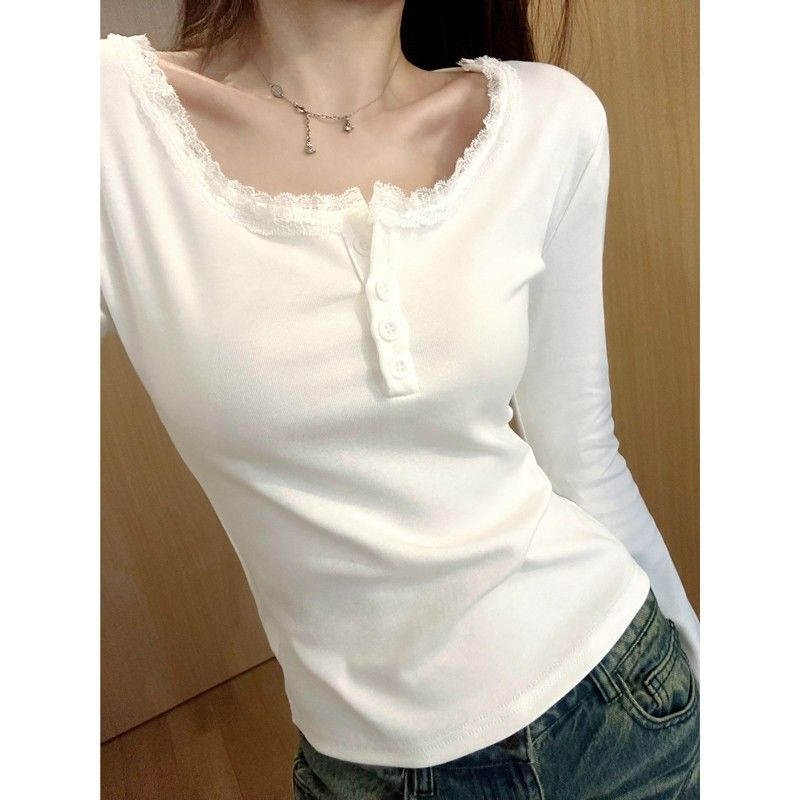 French retro gentle design long-sleeved T-shirt with chest pad for women spring and autumn bottoming shirt slim fit top
