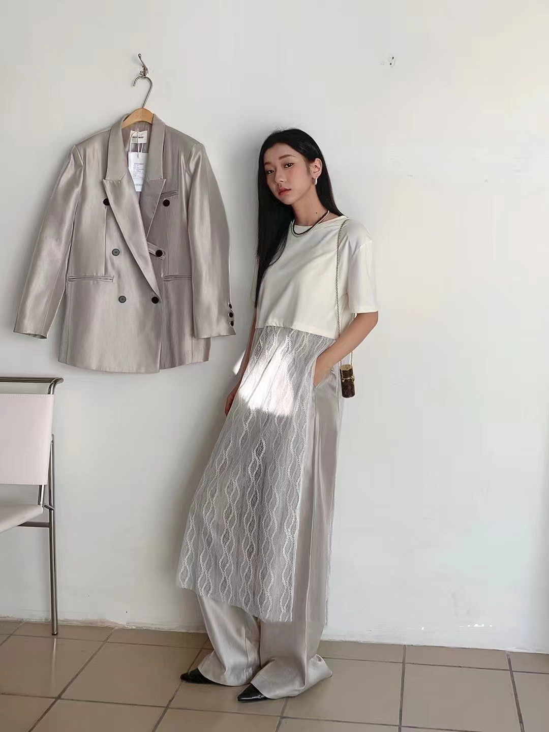Spring and summer niche design loose holiday style two-piece long T-shirt lace mesh splicing dress women's clothing