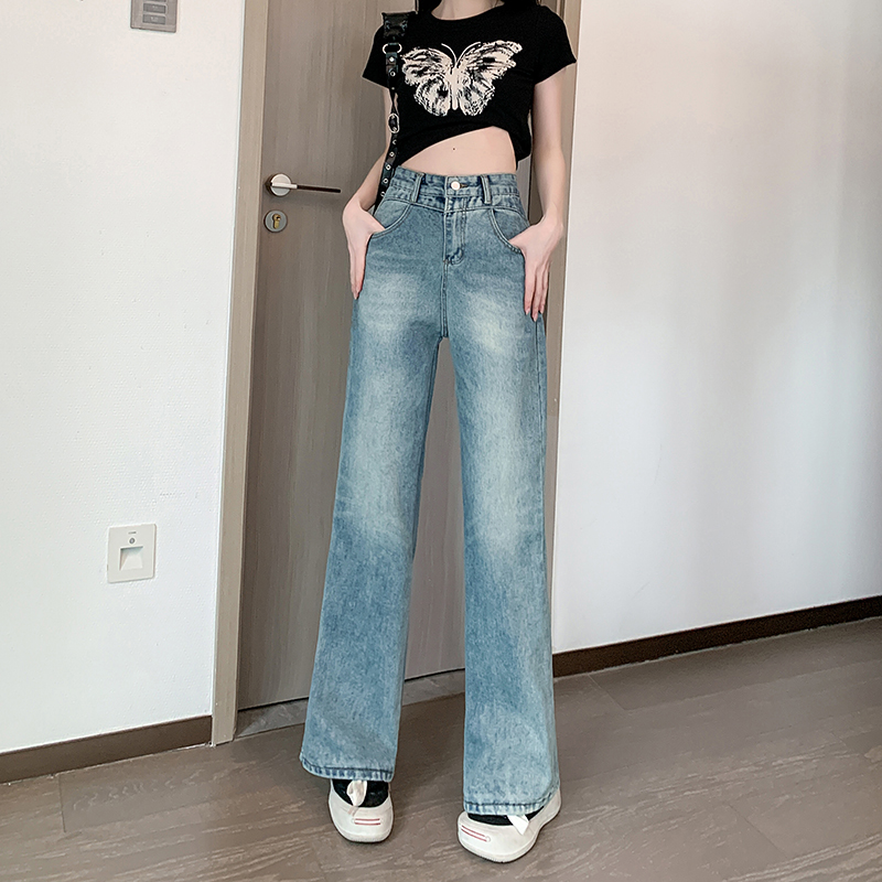 Actual shot ~ Retro blue wide-leg jeans for women in early spring, new hot girl loose and drapey high-waisted versatile straight trousers