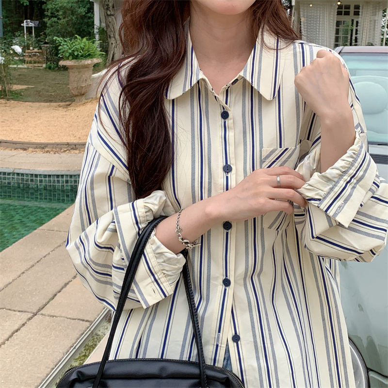 Wide-color retro striped shirt for women 2024 spring and autumn new loose jacket wear long-sleeved shirt top summer