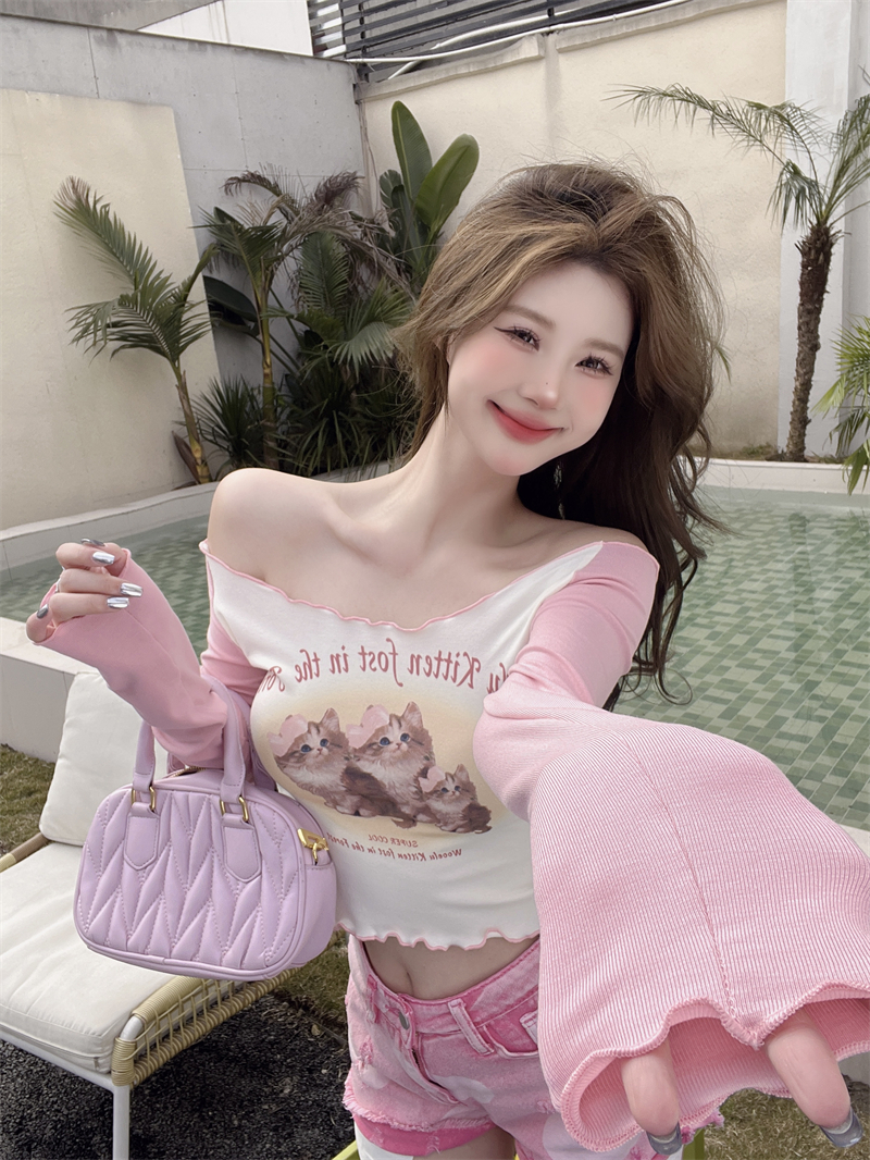 Actual shot of spring new American sweet hottie short low-neck long-sleeved T-shirt
