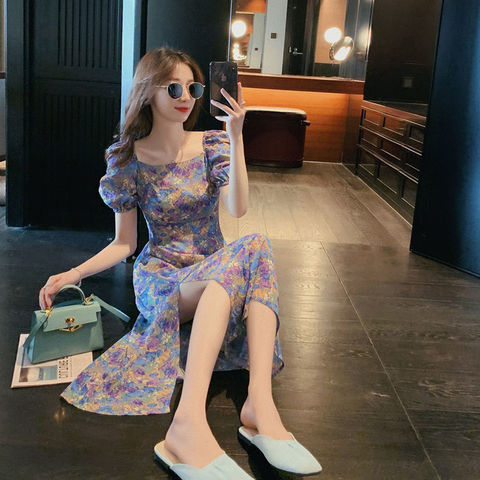 Purple puff sleeve dress women's 2024 new summer hem slit fashionable floral waist long skirt