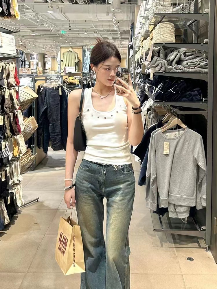 辣妹白色工字吊帶背心女夏季外穿設計感小眾修身顯瘦無袖t恤上衣