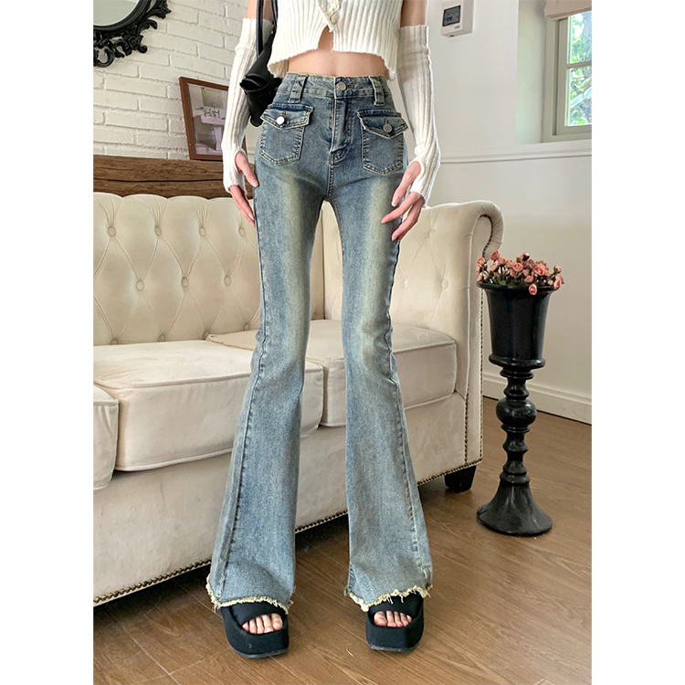 Real shot of high-waisted elastic hottie denim bootcut pants for women