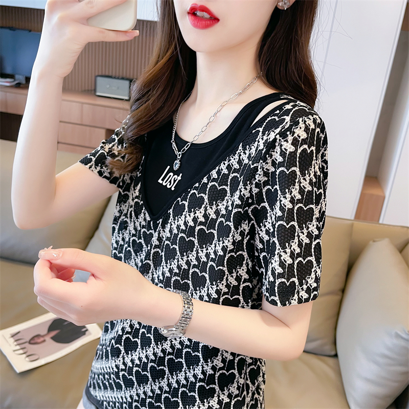 Real shot quality summer Korean version loose fake two-piece striped embroidery large size short-sleeved T-shirt for women