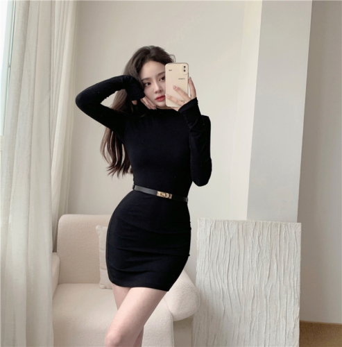 Actual shot of the new hot girl long-sleeved knitted dress, female bottoming skirt, tight-fitting slimming hip skirt