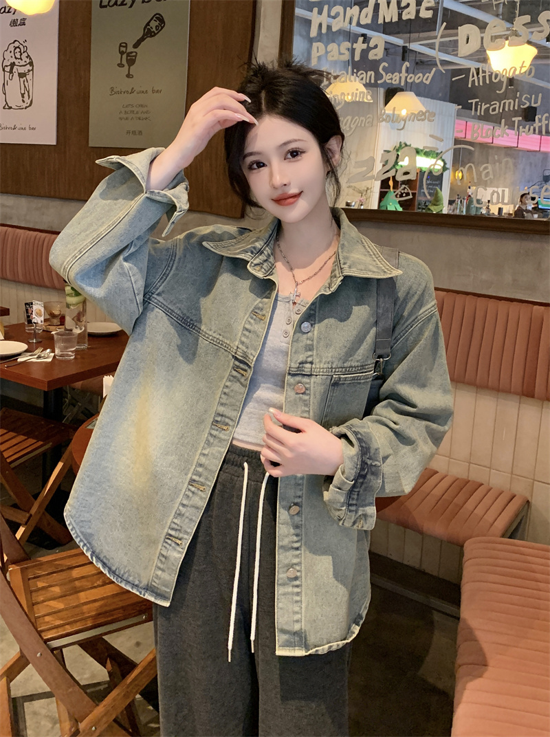 Actual shot ~ Retro washed denim shirt jacket for women spring and autumn new loose slim casual versatile jacket top