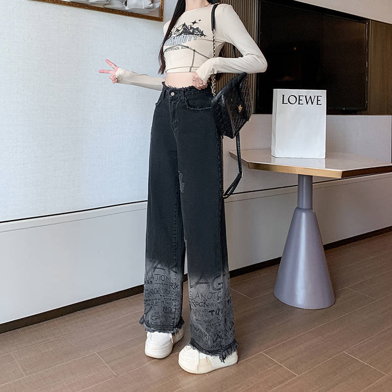 實拍潮牌漸變煙灰色毛邊闊腿牛仔褲女高個子加長美式vibe風寬鬆褲