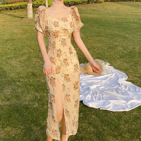 2024 new long dress tea break French design niche square neck puff sleeve floral dress for women summer
