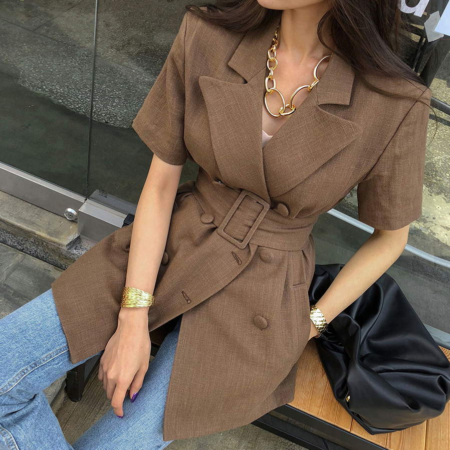 韓國東大門復古雙排扣系帶收腰修身薄款短袖小西裝外套女