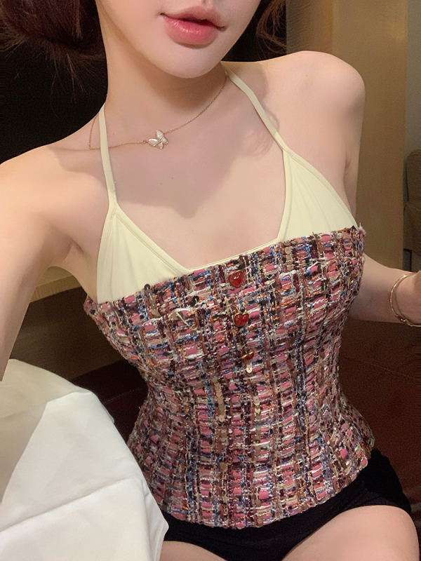 實拍 俏皮少女玫紅色小香氣質掛脖性感修身百搭抹胸上衣