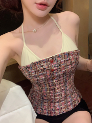 Photographed Playful Girl Pink Red Little Black Dress Quality V-Neck Sexy Fitted Versatile Bra Top