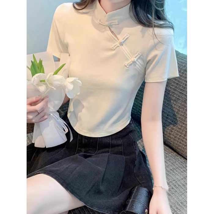 Official photo Summer new Chinese style retro stand-up collar short-sleeved T-shirt gentle temperament sweet and spicy short top