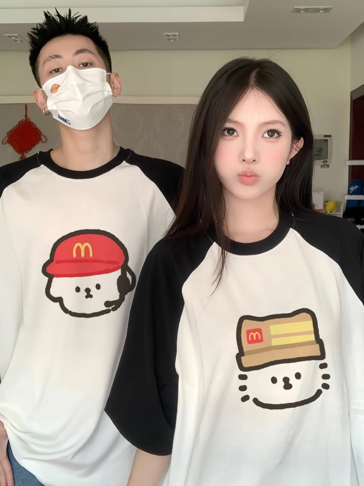 夏裝黑白插肩袖2024新款disoo情侶裝短袖t恤男女潮牌高級感兩件裝