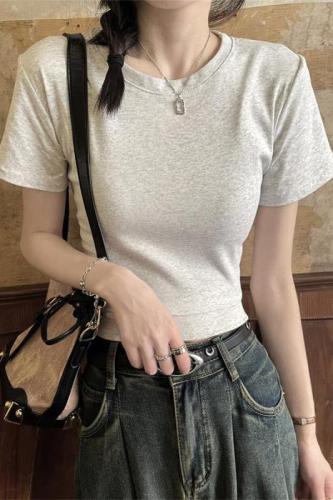 Real shot of right shoulder t-shirt for women summer Korean chic short white short-sleeved slim fit shirt top