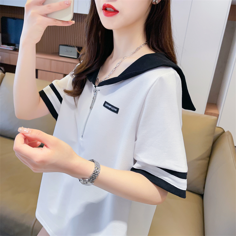 Actual shot of summer Korean style loose pique navy collar back bag collar striped large size short-sleeved T-shirt for women