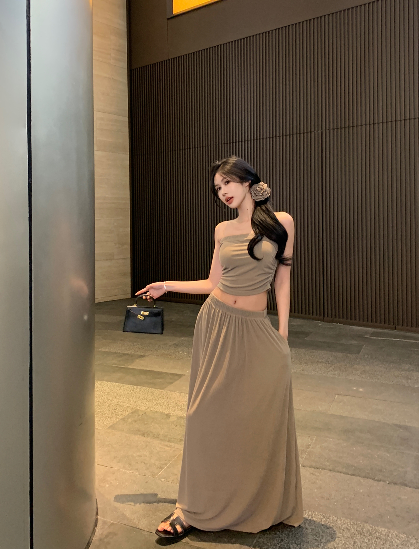 Real shot~Solid color pleated skirt short tube top suit women's new slim and high-end A-line skirt