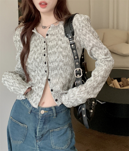 Actual shot ~ Spring Korean style simple, versatile and fashionable slim-fit pleated breasted long-sleeved knitted cardigan