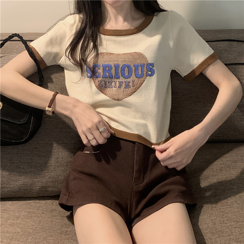 Real shot Summer new contrast color short-sleeved sweater printed T-shirt for women