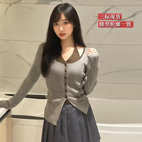 American fake two-piece commuter top for women autumn 2024 new slim fit design niche long-sleeved sweater