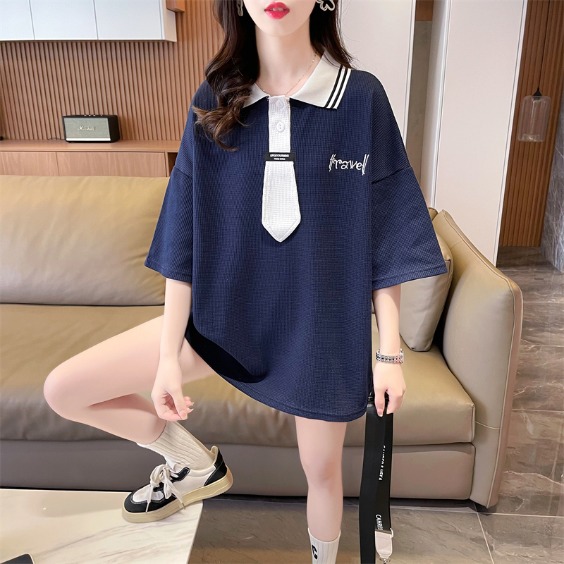 實拍 春季韓版寬鬆華夫格刺繡POLO領打底衫大碼女裝短袖T恤女