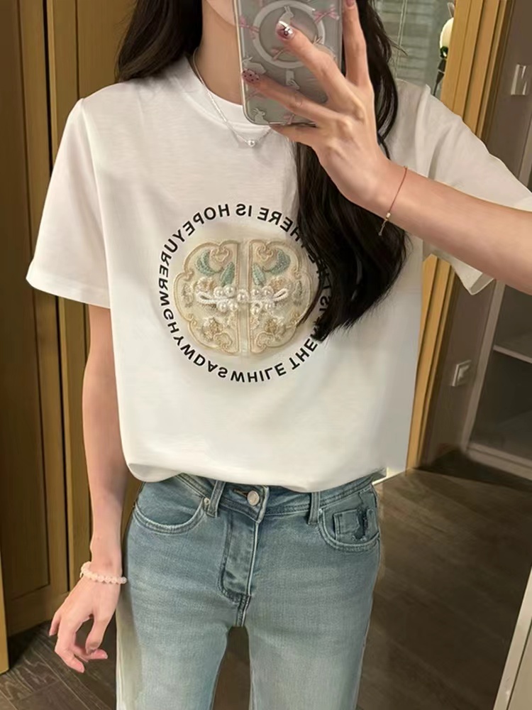 新中式國風圓領刺繡短袖T恤女夏季新款寬鬆顯瘦上衣內搭打底衫潮