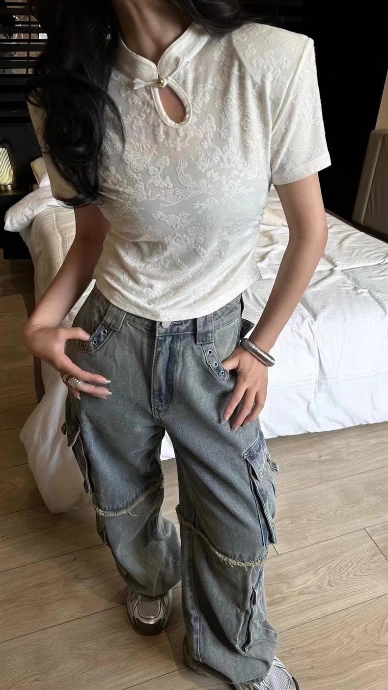 新中式國風提花別致絕美上衣設計感小眾立領盤扣短款短袖t恤女夏