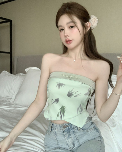 ****~Real shot of Chinese style Chinese style printed beaded camisole tube top irregular bottoming top for women