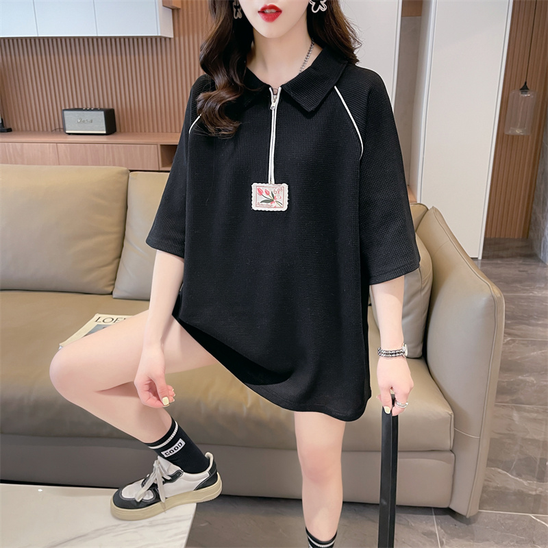 實拍 夏季新款韓版寬鬆華夫格後包領POLO領拼接大碼短袖T恤女