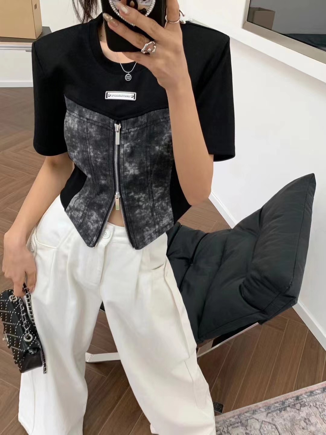 小眾設計感假兩件拼接牛仔修身顯瘦T恤女夏季新款拉鏈簡約上衣