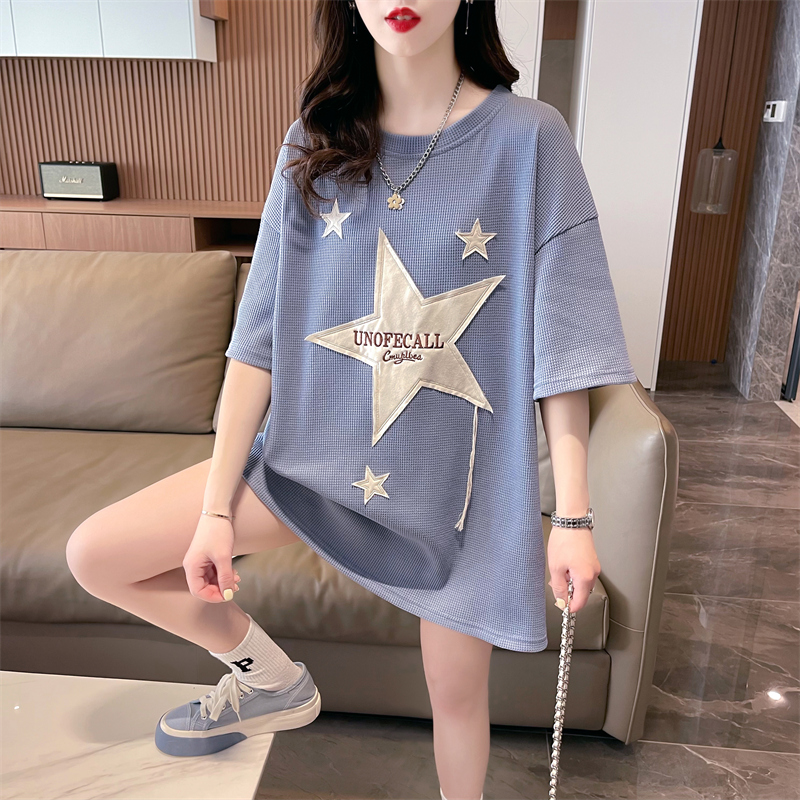 實拍 夏季新款韓版寬鬆後包領華夫格星星貼布大碼短袖T恤女