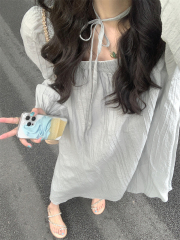 Real shot#French square collar loose slimming long skirt early spring lazy style bubble long-sleeved dress for women