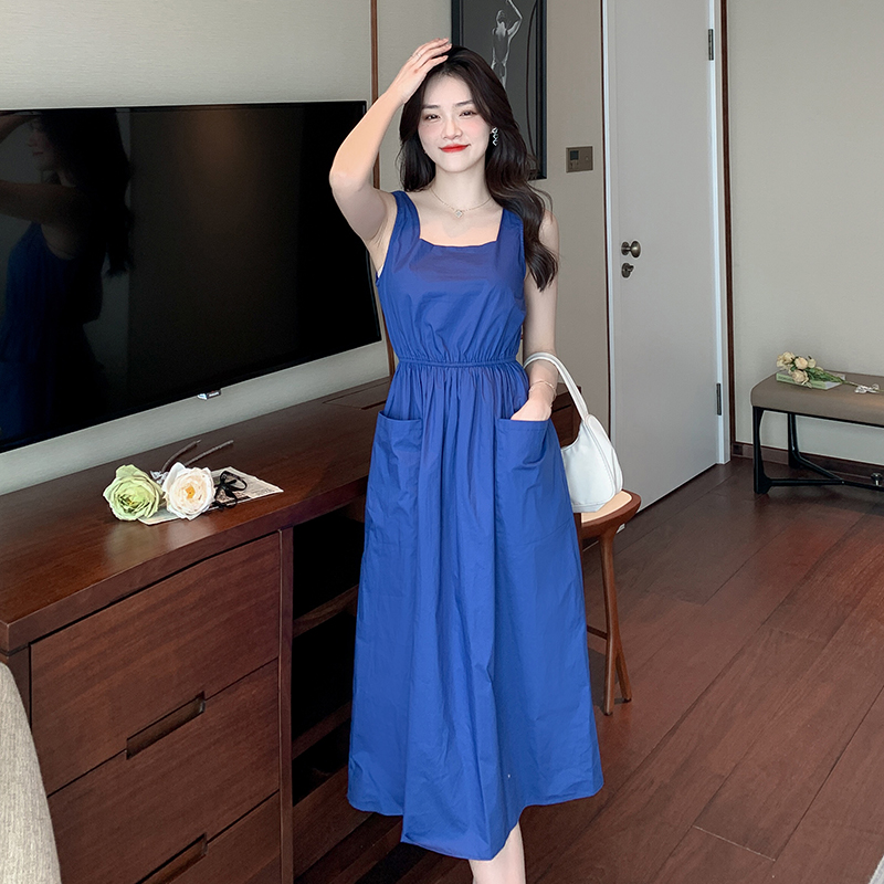 實拍復古藍色吊帶連衣裙收腰顯瘦泰國旅遊穿搭三亞海邊度假沙灘裙