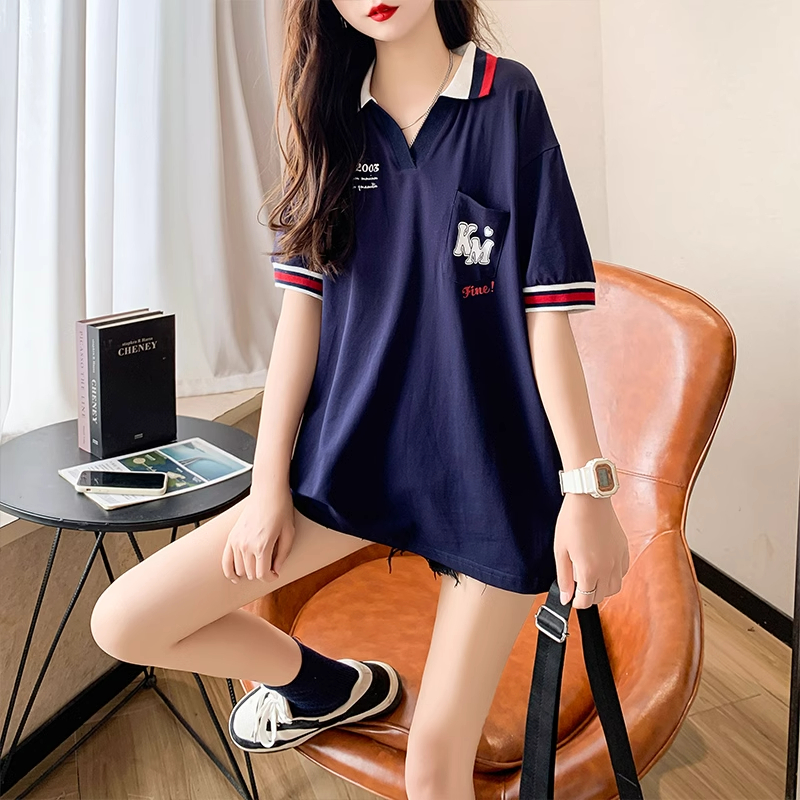 實拍 6535棉2024新款印花polo衫v領短袖t恤女大碼女裝上衣
