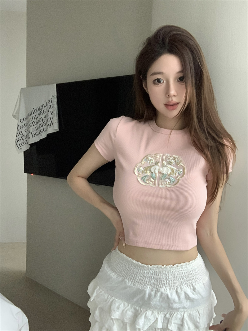 實拍 新中式國風女夏季短款復古圓領刺繡旗袍扣短袖T恤