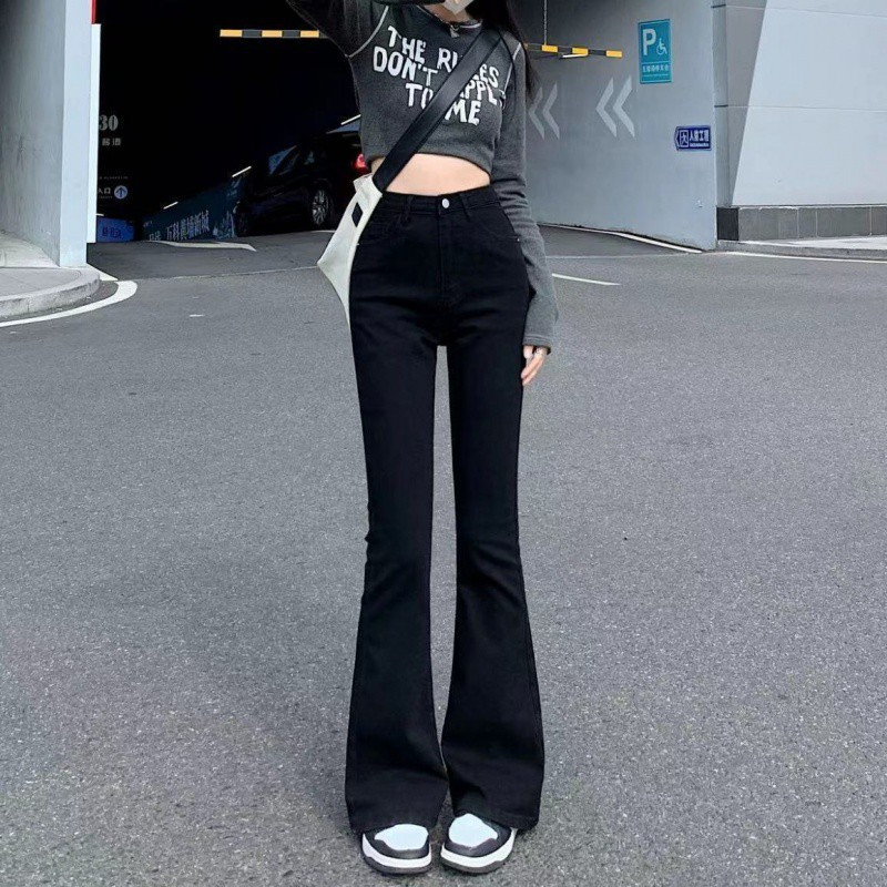 黑色牛仔褲女時尚高腰微喇馬蹄褲小個子修身彈力直筒拖地喇叭長褲