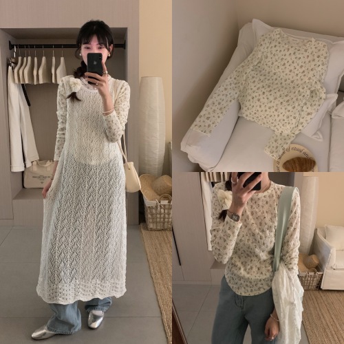 Actual shot of spring romantic floral long-sleeved round neck bottoming shirt versatile floral knitted sweater