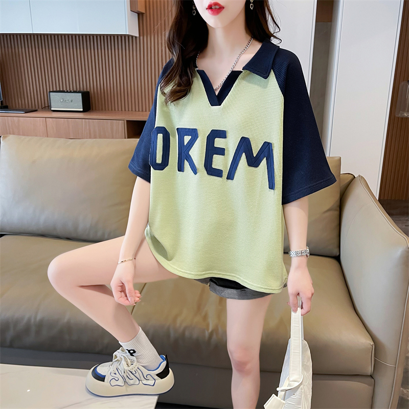 實拍 夏季新款韓版寬鬆後包領華夫格Polo領貼布大碼短袖T恤女