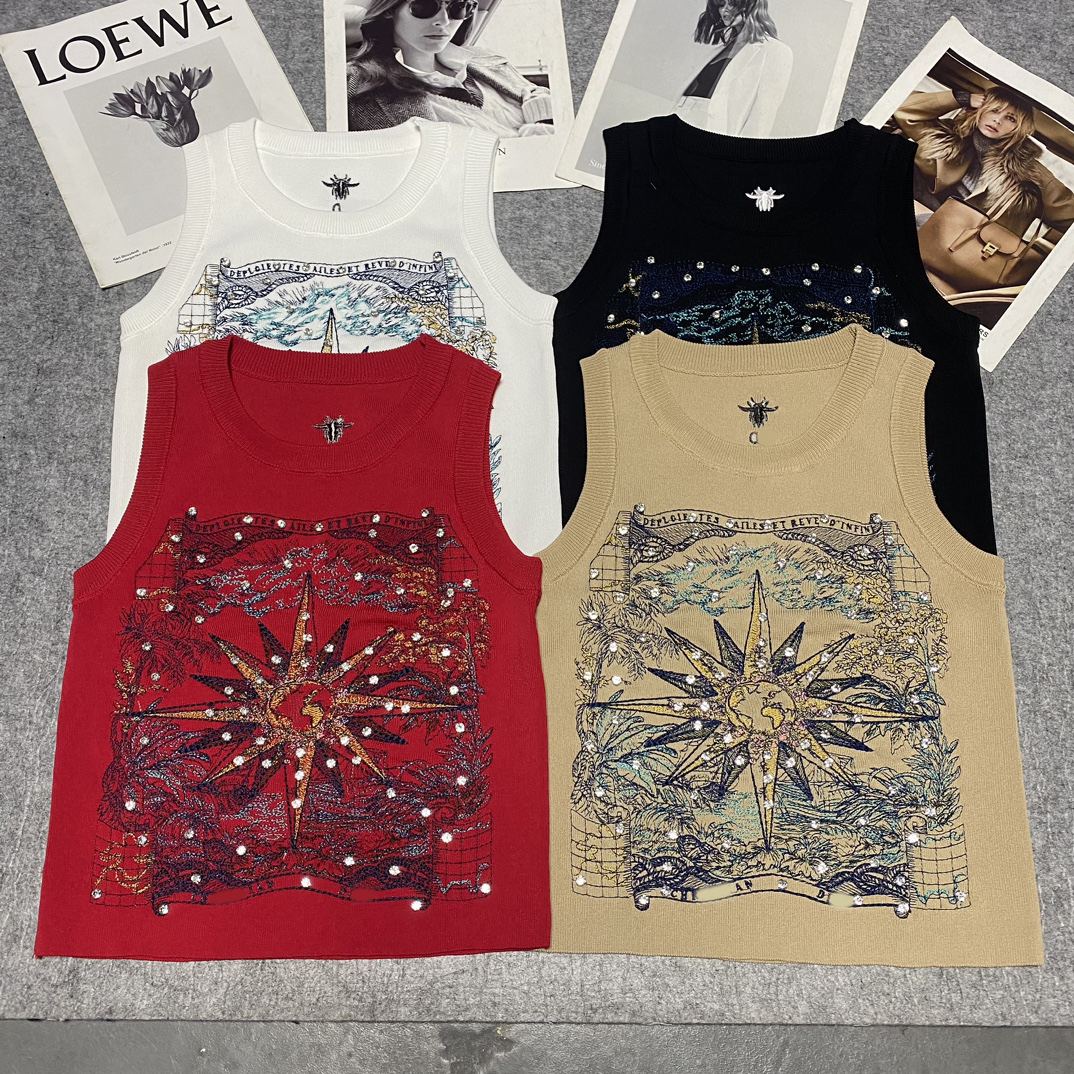 歐洲站2024年針織夏季新款D+字母刺繡釘鑽無袖圓領背心套頭女上衣