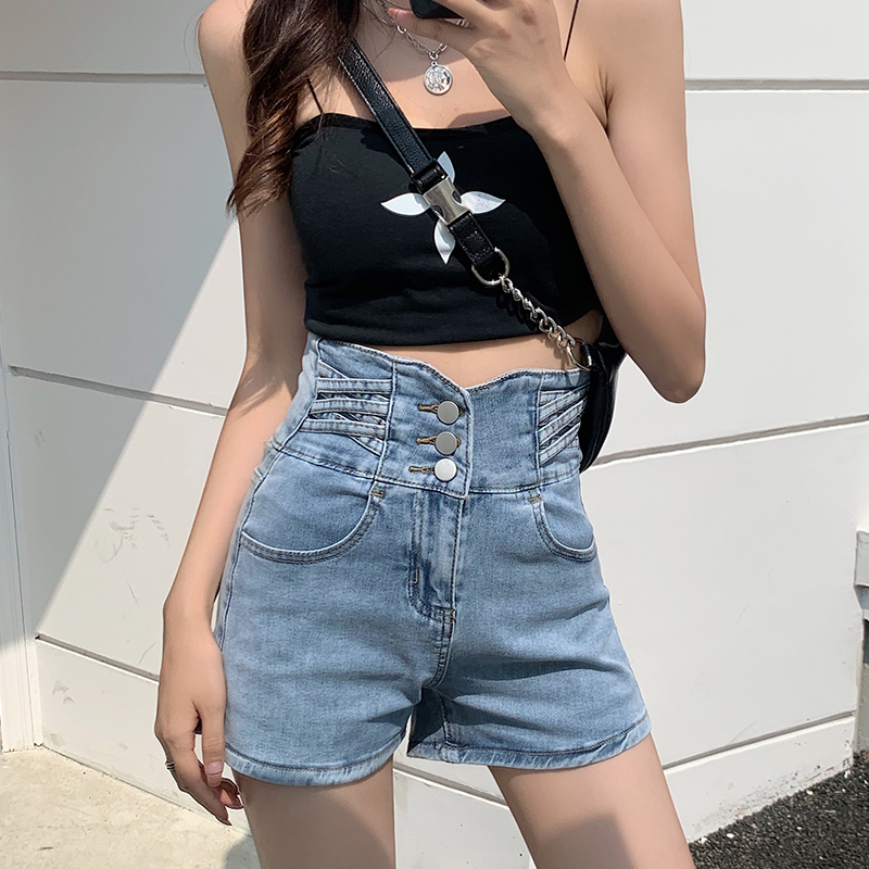 排扣超高腰牛仔短褲女ins新款腰頭V型設計修身彈力直筒闊腿熱褲子