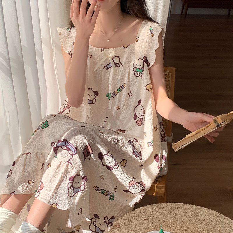 帶胸墊睡衣女夏季2024韓版新款小飛袖睡裙皺布家居服甜美可愛網紅