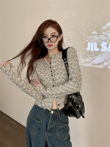 Actual shot ~ Spring Korean style simple, versatile and fashionable slim-fit pleated breasted long-sleeved knitted cardigan