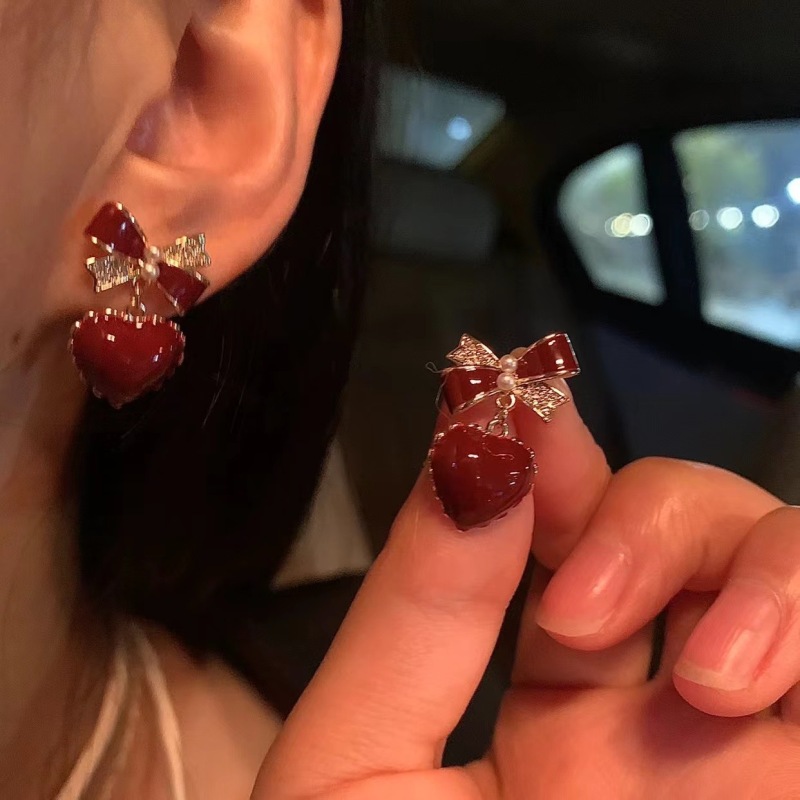 實拍S925銀針韓國新款滴油愛心耳環女新年喜慶紅色蝴蝶結耳釘耳飾